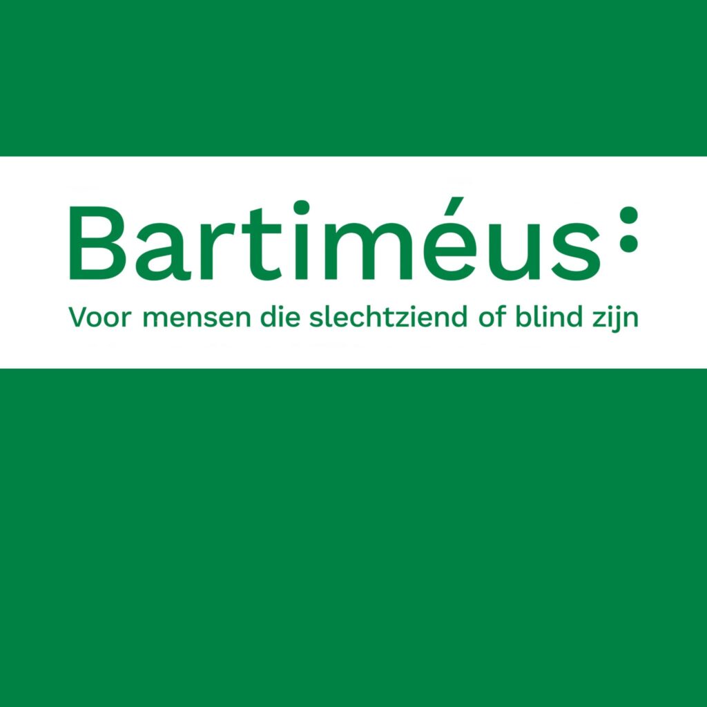 Podcasttegel met als tekst: Bartiméus - voor mensen die slechtziend of blinkd zijn, op een groen met witte achtergrond.